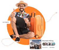 a man in a straw hat is sitting next to an orange suitcase and giving a thumbs up sign