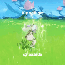 a video game character is jumping in the air in a field of grass .