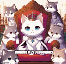 a white cat with a crown sits on a throne surrounded by cats