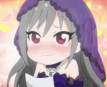 a girl with gray hair and a purple dress is holding a piece of paper in her hand