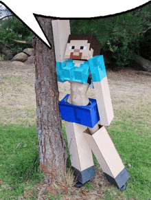 a person dressed as a female minecraft character leaning against a tree