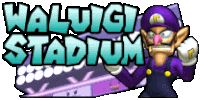 a logo for waluigi stadium with a cartoon character in front of it .