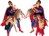 a painting of superman carrying wonder woman and supergirl in his arms