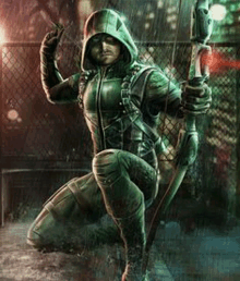 a man in a hooded jacket is holding a bow and arrow in the rain .