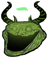 a troll face with horns and glowing eyes