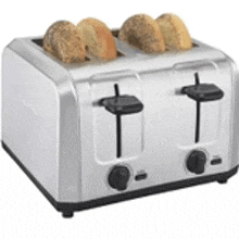 a silver toaster with four slices of bread coming out of it .