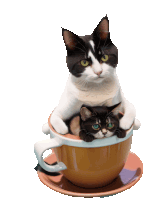 a black and white cat is sitting on top of another cat in a coffee cup