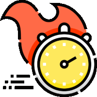 a cartoon drawing of a stopwatch with a red flame behind it