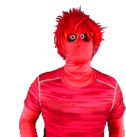 a person wearing a red shirt and sunglasses has a red wig on