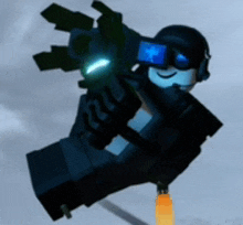 a cartoon character is holding a gun and wearing headphones and goggles .