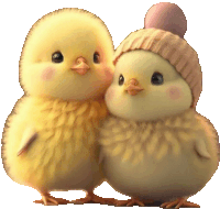 two yellow chicks wearing knitted hats are standing next to each other