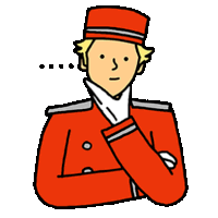 a cartoon of a man in a red uniform with his arms crossed and his hand on his chin .