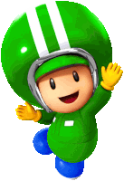 a cartoon character wearing a green helmet and a green jacket