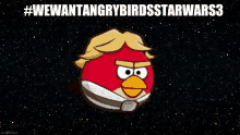 a red angry bird with a yellow wig and a white tie is against a starry sky