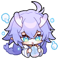 a cartoon drawing of a girl with purple hair and horns drinking through a straw