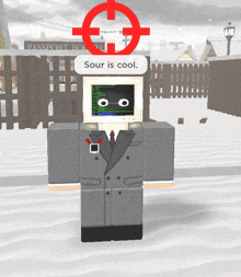 a cartoon character with a computer head and a sign that says sour is cool