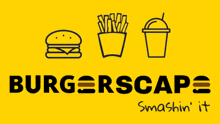 the logo for burgerscape shows a hamburger french fries and drink