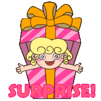 a cartoon of a girl in a gift box with the words surprise written below her