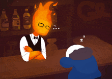 a cartoon drawing of a bartender talking to a sleeping character