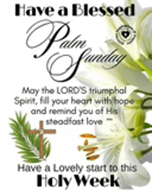 a have a blessed palm sunday card with flowers and a cross