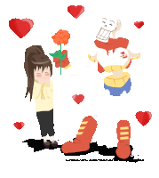 a drawing of papyrus giving a flower to a girl with hearts around them