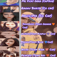 a collage of images of a man and a woman with names like mr vicky gera captain and radhu bhaiya co cap