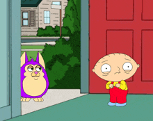 a cartoon character named stewie is standing in front of a door