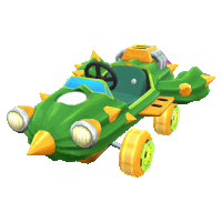 a green and yellow toy car with spikes on the wheels