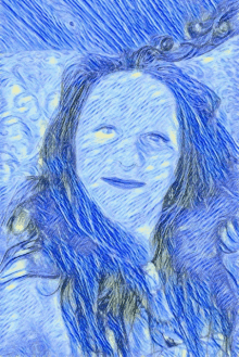 a drawing of a woman with blue hair