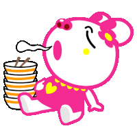 a pink and white cartoon character is sitting next to a stack of cups of soup