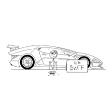 a black and white drawing of a car with a sign that says gib $wtf