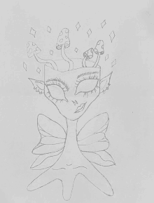 a black and white drawing of a fairy with mushrooms coming out of her head