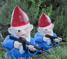 two gnomes holding guns and knives in a field