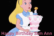 a cartoon of alice in wonderland blowing out a candle on a birthday cake