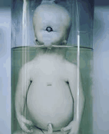 a baby 's stomach is visible in a glass jar filled with green liquid .