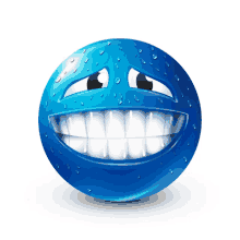 a blue smiley face with water drops on it and a big smile