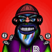 a cartoon of a man with a beard and a purple jacket with the letter r on it