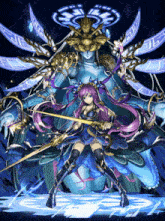 a girl with purple hair is holding a sword and standing next to a statue