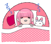 a girl with pink hair is sleeping in a bed with a bunny