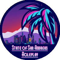 a logo for state of san andreas roleplay with a palm tree and city skyline