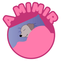 a sticker of a dog sleeping under a pink blanket with the words a mimir