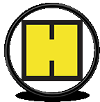 the letter h is yellow and black in a circle .