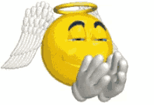 a yellow smiley face with angel wings and a halo on its head