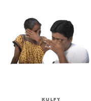 a man and a woman are covering their faces with their hands and the word kulfy is on the bottom