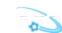 a blue and white logo for pca with a blue soccer ball