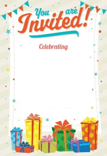 a birthday invitation that says " you are invited " and " celebrating "