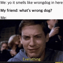 a man is crying in front of a crowd and says `` me : yo it smells like wrongdog in here '' .