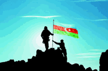 two soldiers holding a flag on top of a hill