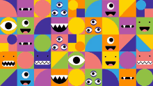 a pattern of colorful squares and circles with faces on them