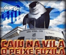 a picture of a shark standing on top of a building with the words o peixe fuzila written on it .